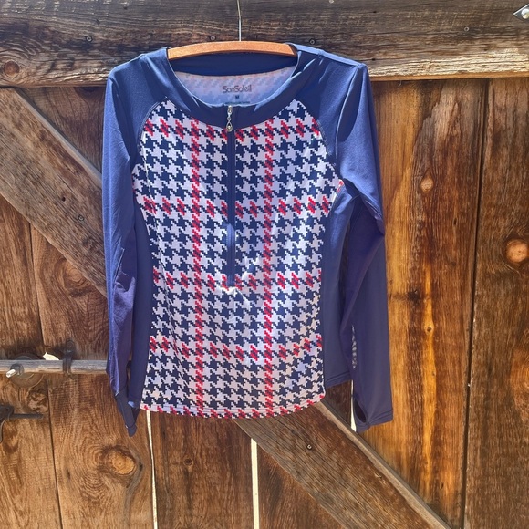 Red and Blue Raglan 3/4 Zip Blouse with Graphic Design - Picture 1 of 14